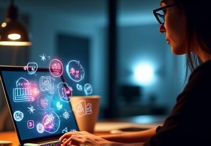 Person working on a laptop with social media icons